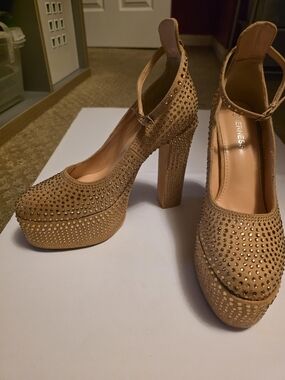 Embellished Tan Platform Pumps with Ankle Strap